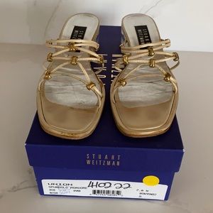 Stuart Weitzman women’s 7N gold sandal with lucite heel